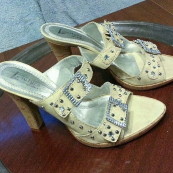 L couture cork/tan color high heel sandals rhinestone buckle - Picture 1 of 4